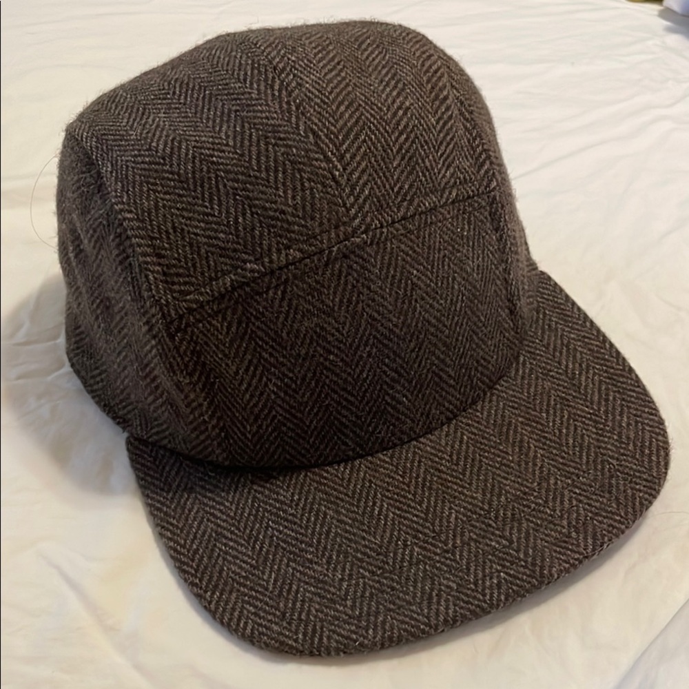 Storiedhats Brown and Tan 5- Panel Herringbone Weave Recycled Wool Cap
